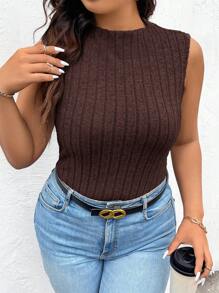 SHEIN Frenchy Plus Size Women's Shirring Grain Fabric Slim Fit Pleated Vest Top With Ribbed Details