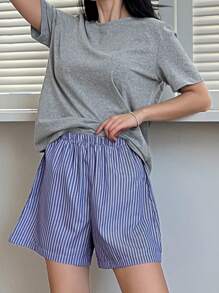DAZY Simple Striped T-Shirt And Shorts Homewear Set Pajama - Grey - View 5