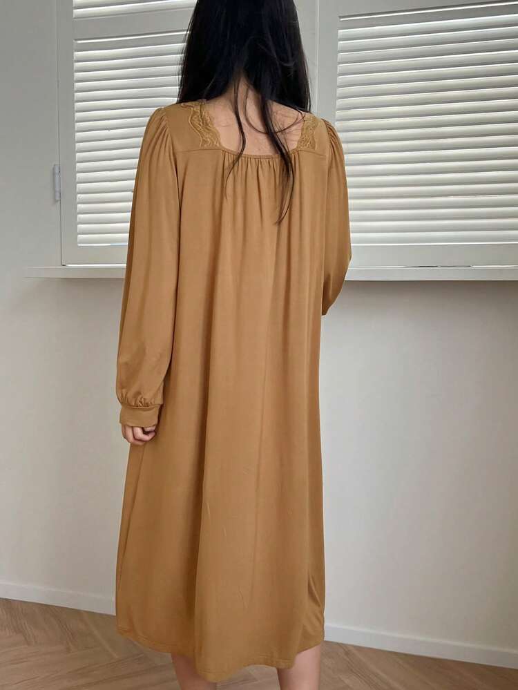 Colorblock Bow Lace Splice Ruffle Hem Nightgown Pajama