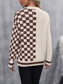 SHEIN LUNE Suéter de cuello redondo de manga larga de punto con estampado de cuadros para mujer, suéter de punto de otoño/invierno