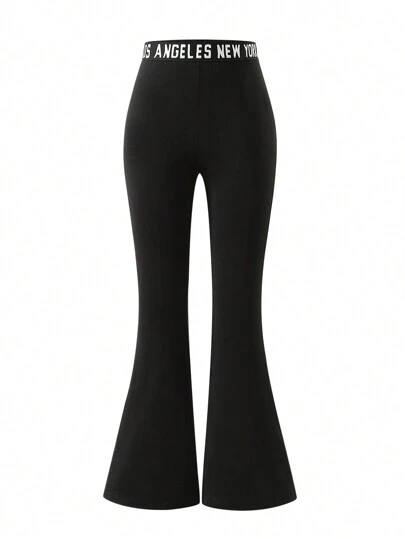Sparklyn Tween Girl Solid Color Elastic Waist Flared Leg Pants With Letter Detail