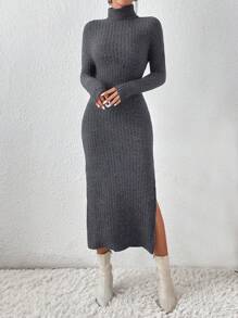 Firerie Women Plain High Neck Long Sleeve Split Hem Minimalist Dress