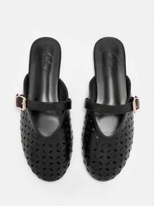 CUCCOO BIZCHIC 1pair Women's Flat Round Toe Black PU Upper Laser Floral Pattern Striped Mules Slip-On Shoes,Minimalist Elegant Fashion For Holiday - Black - View 1