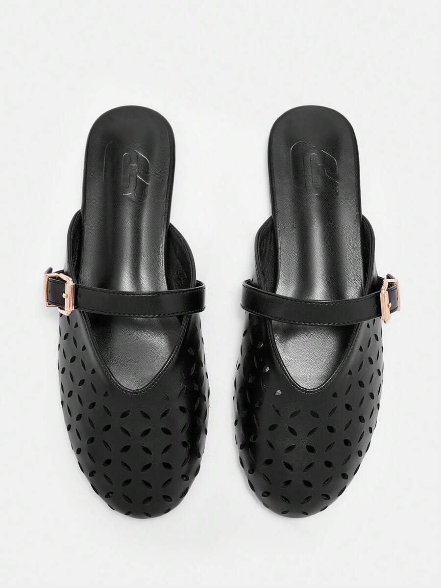 CUCCOO BIZCHIC 1pair Women's Flat Round Toe Black PU Upper Laser Floral Pattern Striped Mules Slip-On Shoes,Minimalist Elegant Fashion For Holiday - Black - View 1