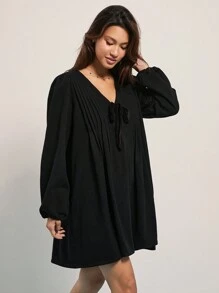 WESTFADE 西部女牛仔蝴蝶结前褶皱 V 领长袖牛仔迷你连衣裙