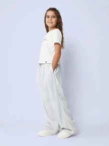 SUMWON Performance Sports Wide Leg Track Pants Collegiate Athletic Wear Retro Varsity Dance Practice Gym Bottoms Glitter Puff Print - Grey - View 2