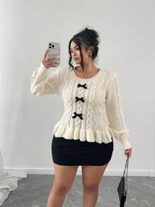 Flirla 大码圆领长袖套头毛衣，饰有蝴蝶结和荷叶边下摆，休闲时尚针织套头衫，秋冬季必备 - 杏色 - 查看 6