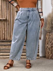 SHEIN LUNE Plus Size Women Pocket Pleated Tapered Casual Versatile Denim Pants