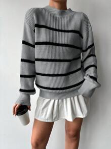 EURMUSE Women's Casual Contrast Color Striped Sweater, Autumn/Winter - Dark Grey - View 3