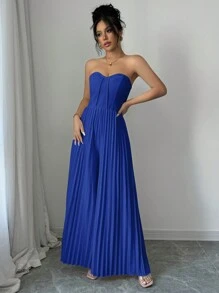 Selianne Casual Bandeau Waist Pleated Jumpsuit For Women - Royal Blue - View 4