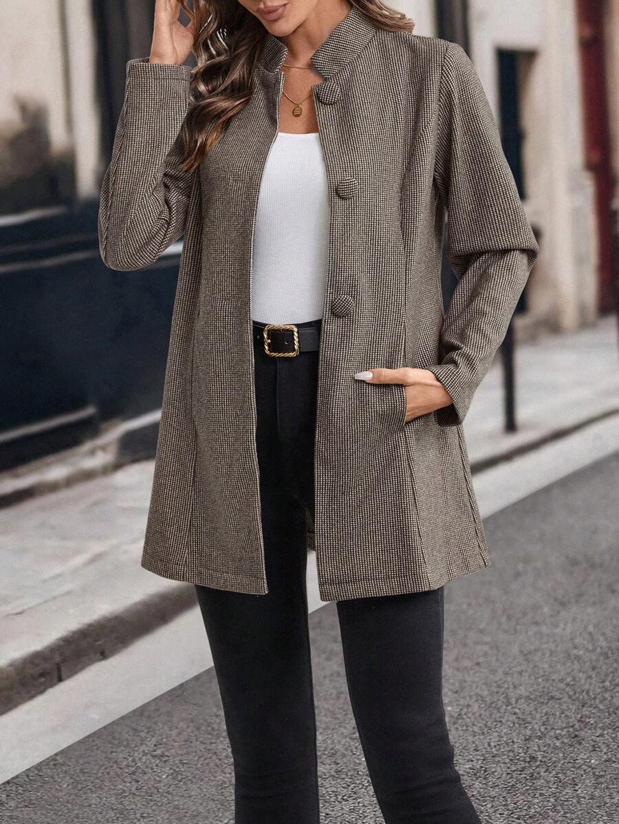 SHEIN Clasi 女士休闲厚款长袖立领中长外套，秋冬 - 咖啡棕 - 查看 1