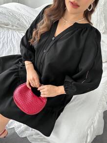 SHEIN Privé Plus Size V-Neck Shirt Style Short Loose A-Line Ruffle Hem Long Sleeve Casual Spring Autumn Dress, Women's Linen Black Midi Dress - Black - View 1