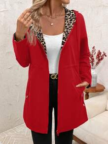 SHEIN Clasi Veste à capuche réversible avec poches zippées à imprimé léopard pour femmes, manches longues