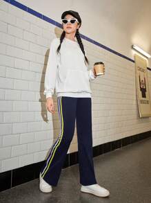 SHEIN Explorewe Teenager Girls' Plain Color Patchwork Simple Casual Long Pants, For Daily Wear