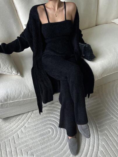 DAZY 3 件套女士蓬松开衫搭配细肩带针织上衣和长款针织裤，休闲装秋季