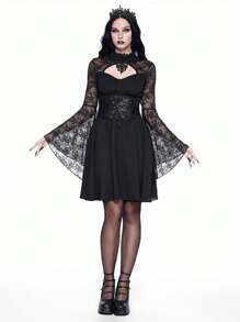 ROMWE Gothic Romantic Lace Flare Sleeve Mini Dress, For New Year - Black - View 5
