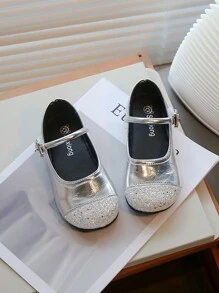 1 paio di scarpe in pelle argento per ragazza, scarpe eleganti e semplici con glitter, suola morbida e antiscivolo