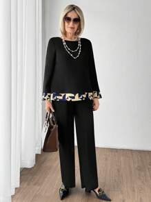 SHEIN LUNE 女士几何印花圆领长袖上衣和纯色裤子优雅两件套 - 藏蓝色 - 查看 4