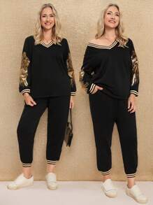 SHEIN LUNE 2 件套大码闪亮条纹印花 V 领长袖上衣和裤子休闲装感恩节服装女士新年服装冬季服装女士狂欢服装度假服装女士亮片上衣新年服装新年女装冬季外套女士冬装女士运动服女士冬季套装度假两件套新年 - 黑色 - 查看 1