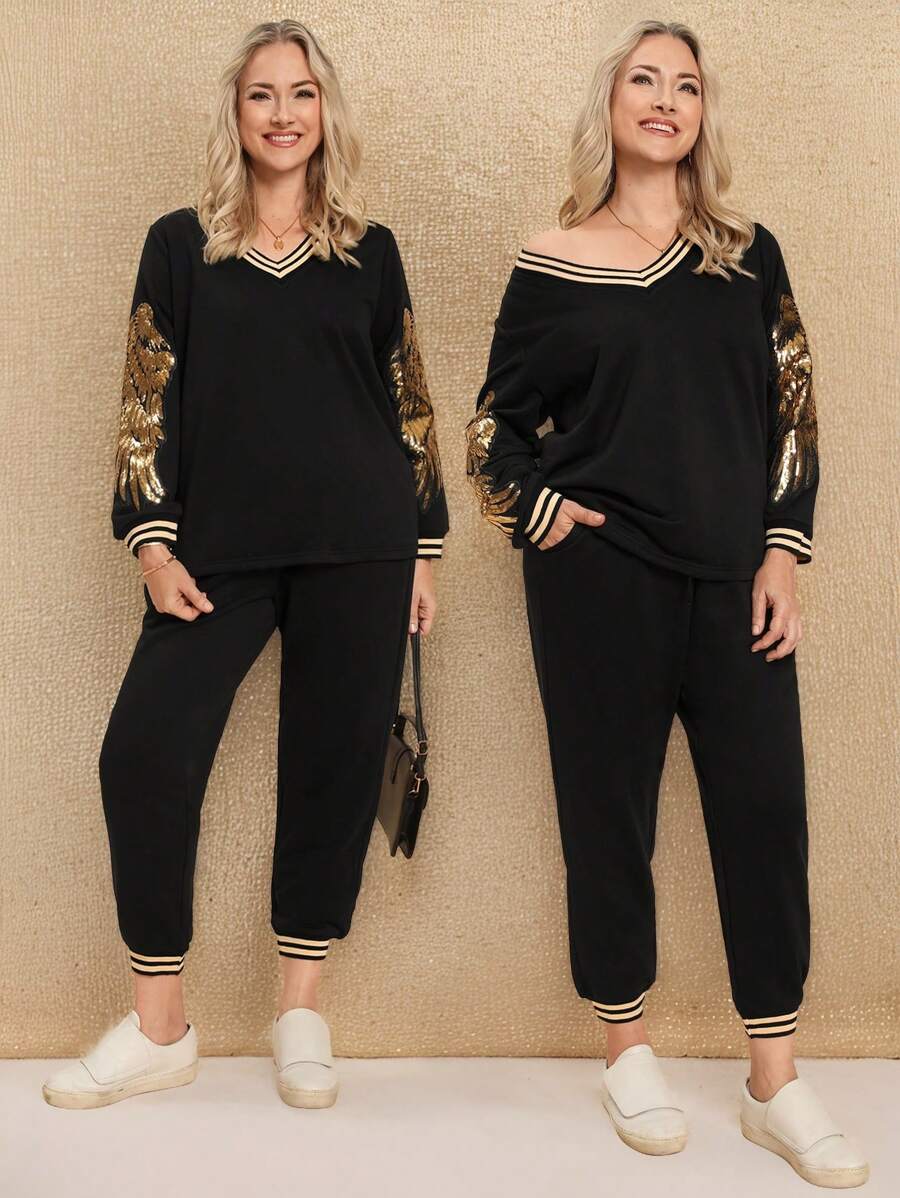 SHEIN LUNE 2 件套大码闪亮条纹印花 V 领长袖上衣和裤子休闲装感恩节服装女士新年服装冬季服装女士狂欢服装度假服装女士亮片上衣新年服装新年女装冬季外套女士冬装女士运动服女士冬季套装度假两件套新年 - 黑色 - 查看 1