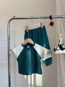 Conjunto de 2 piezas de camiseta de manga corta y cuello redondo suelta con parche decorativo y pantalón de cintura elástica para niño bebé, adecuado para primavera y verano - Verde - Ver 7