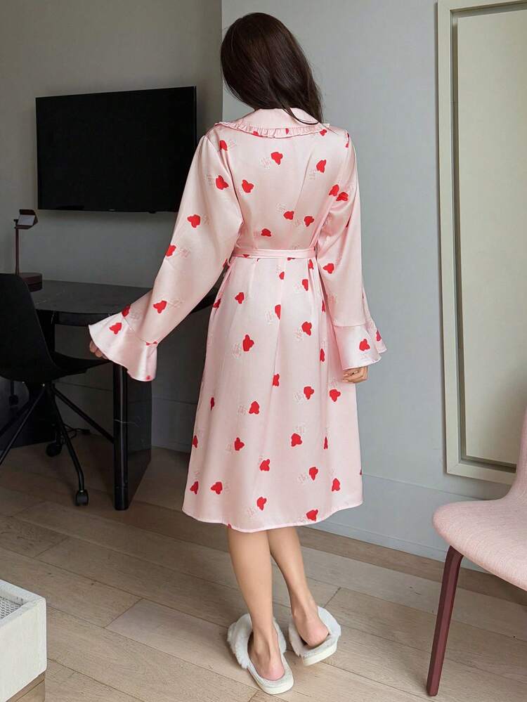 Heart Allover Print Ruffle Trim Self-Tie Waist Robe Pajama