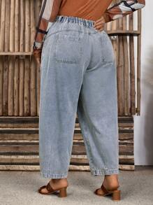 SHEIN LUNE Plus Size Women Pocket Pleated Tapered Casual Versatile Denim Pants