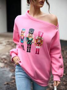 INAWLY 1 pieza Sudadera informal de mujer con estampado de figura en hombro oblicuo, adecuada para uso diario en otoño