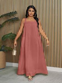 Slaydiva Vestido largo fluido y suelto de línea A con bolsillos, sin mangas, de color blanco sólido, elegante y casual, para vacaciones, para mujeres de talla grande, para primavera/verano - Color caoba - Ver 5