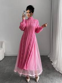 Chiquease 2 件套：高领厚毛衣和优雅薄纱裙套装，适合秋冬季 - 玫紅色 - 查看 3