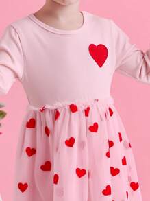 Glamorique Kids 年轻女孩心形刺绣薄纱连衣裙，适合派对、节日、日常穿着，春秋情人节连衣裙女孩剪裁亲吻连衣裙红色和粉色情人节 - 粉色 - 查看 3