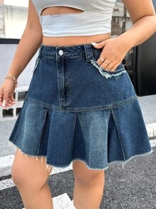 SHEIN EZwear Chân váy mini denim cỡ lớn, giản dị và thời trang để mặc hàng ngày - Rửa trung bình - Xem 3