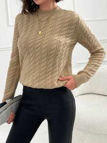 RueChic Women Beige Cable Knit Sweater With Crew Neck - Beige - View 3