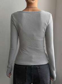 DAZY Women's Slim Fit Button-Up Long Sleeve Casual T-Shirt Fall Tops - Light Grey - View 2