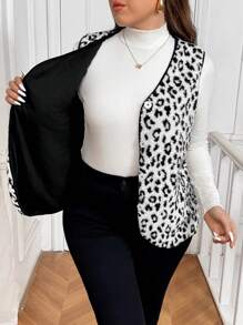 SHEIN Frenchy Chaleco/Chaqueta de Talla Grande con Estampado de Leopardo y Forro Polar - Blanco - Ver 3