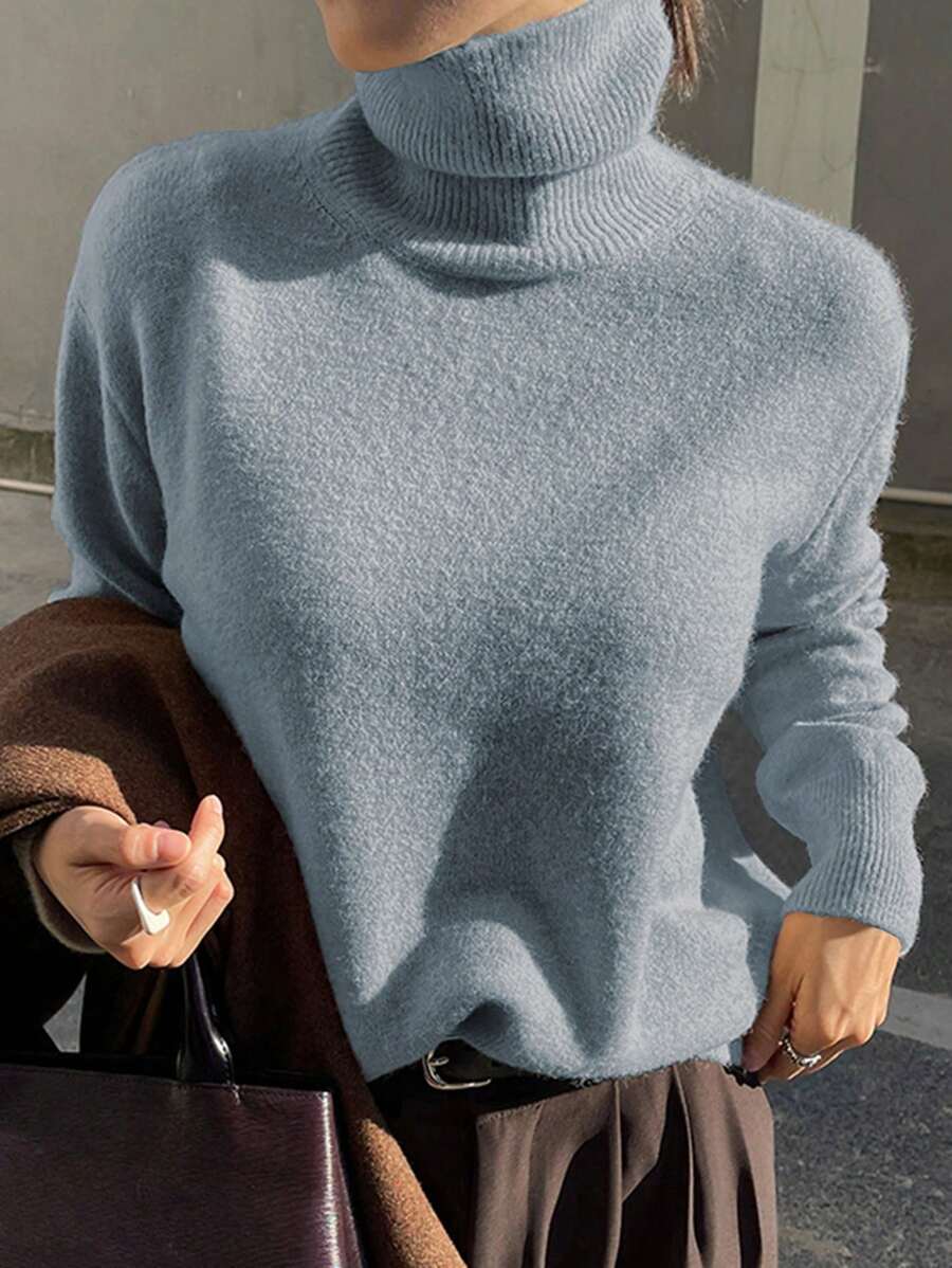 DAZY 女士商务休闲套头高领毛衣，秋季女装 - 藍色 - 查看 1