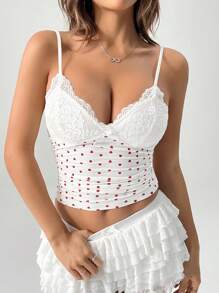 SHEIN PETITE Valentine's Day Women's Red Little Heart Printed Lace Splicing V-Neck Camisole Top ,Petite Women - White - View 7