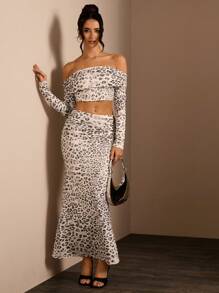 Glamine 2pcs/Set Women Off-Shoulder Long Sleeve Leopard Print Blouse And Skirt Set, Off Shoulder Tops, Skirt Set
