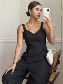 Livesso 2 件套女式格子无袖上衣，腰部收紧，直筒裤，松紧腰带，秋季服装 - 黑色 - 查看 8