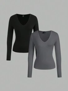 SHEIN EZwear 2 件女式深 V 领修身休闲基本款长袖 T 恤套装、套头衫，适合秋冬季 - 彩色 - 查看 1