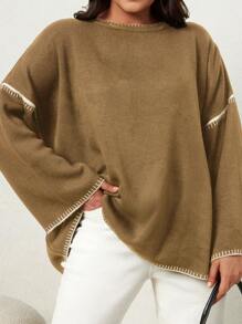 EURMUSE Plus Size Colorblock Trim Round Neck Long Sleeve Simple Casual Blouse - Camel - View 1