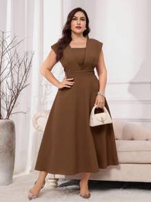 Modelyn Đầm dự tiệc cổ vuông tay ngắn cỡ lớn màu đỏ tía thanh lịch - Cà phê nâu - Xem 4