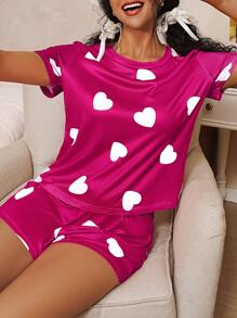 Heart Print Tee & Shorts PJ Set / Pajama Set - Rose Red - View 5