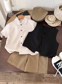 SHEIN 2 件套年轻男孩纯色前扣短袖上衣和无袖背心，极简主义 - 彩色 - 查看 6