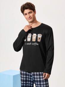 Men's Round Neck Long Sleeve Printed Casual Lounge Wear Top Cozy And Elegant Details, Fall & Winter - Black - View 2