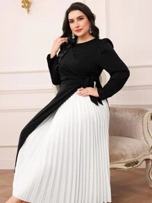 Modelyn Plus Size Solid Color Casual Everyday Dress, Simple And Fashionable Long Evening Dresses - Black and White - View 4