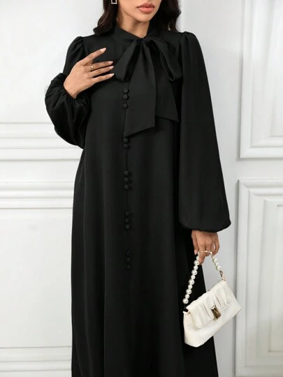 Al Najma 女士优雅纯色灯笼袖系带领阿拉伯连衣裙，适合秋季，朴素优雅的 A 字型阿拉伯连衣裙，适合休闲日常