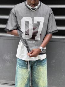 Manfinity VCAY Men's Loose Fit Round Neck Short Sleeve T-Shirt With Mesh Fabric And Digital Printing, Suitable For Summer