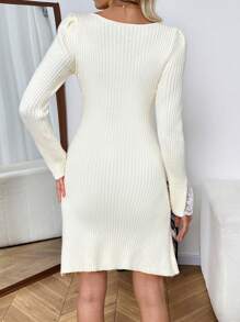 Chiquease Vestido de suéter línea A con cuello en V elegante casual, manga abullonada y parche de encaje