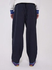 Musero Drawstring Elasticated Waistband Pinstripe Straight Leg Trousers SPRING SUMMER - Royal Blue - View 2
